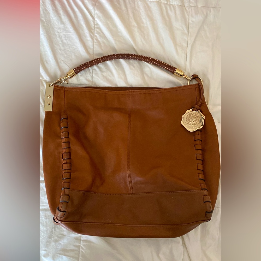 Vince Camuto Brown Leather Hobo Bag with Gold Accent